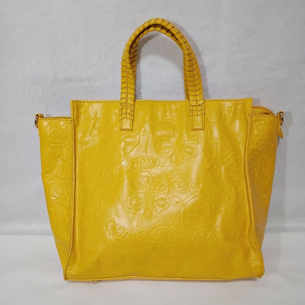 Vintage Moda Luxe Yellow Floral Emboss Vegan Leather Tote Handbag 17" x 12"
